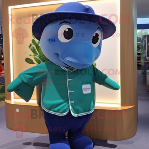 Forest Green Blue Whale mascot costume character dressed with a Romper and Hats