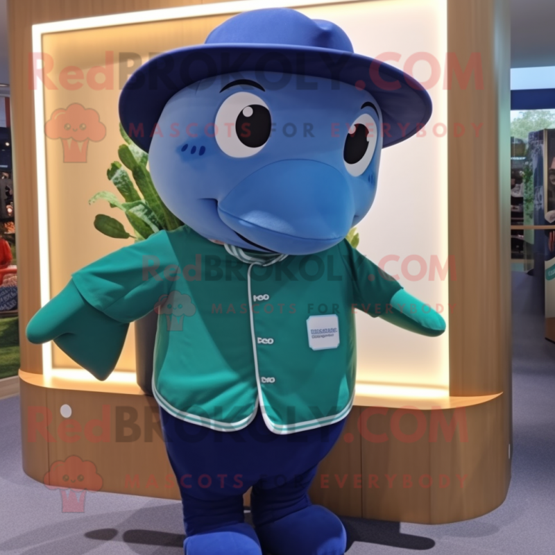 Forest Green Blue Whale mascot costume character dressed with a Romper and Hats