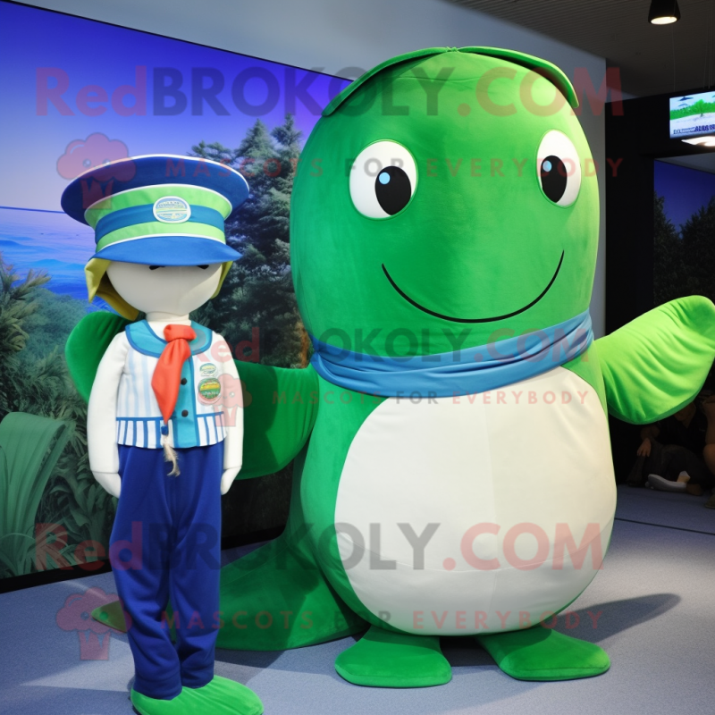 Forest Green Blue Whale mascot costume character dressed with a Romper and Hats Forest Green Blue Whale mascot costume character dressed with a Romper and Hats