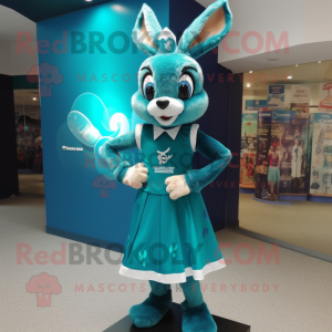 Teal Wild Rabbit mascot costume character dressed with a Mini Dress and Hair clips