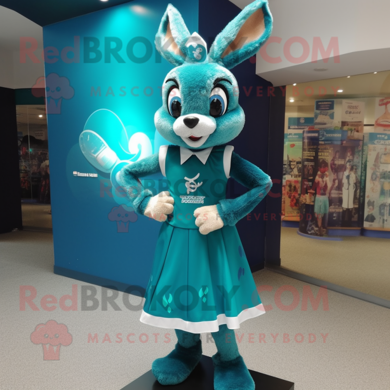 Teal Wild Rabbit mascot costume character dressed with a Mini Dress and Hair clips Teal Wild Rabbit mascot costume character dressed with a Mini Dress and Hair clips
