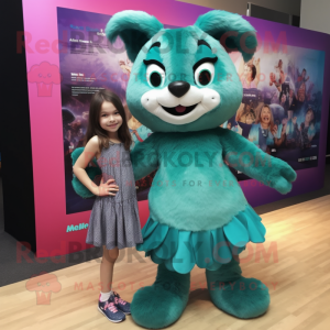 Teal Wild Rabbit mascot costume character dressed with a Mini Dress and Hair clips