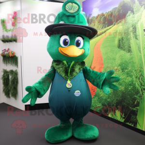 Forest Green Peacock mascot costume character dressed with a Jumpsuit and Hats