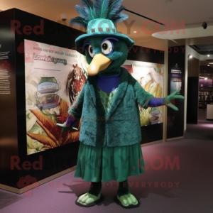 Forest Green Peacock mascot costume character dressed with a Jumpsuit and Hats