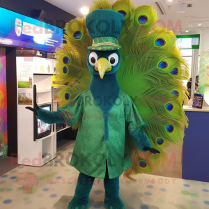 Forest Green Peacock mascot costume character dressed with a Jumpsuit and Hats