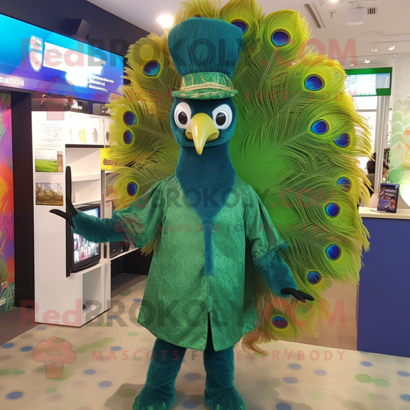 Forest Green Peacock mascot costume character dressed with a Jumpsuit and Hats