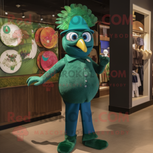 Forest Green Peacock mascot costume character dressed with a Jumpsuit and Hats