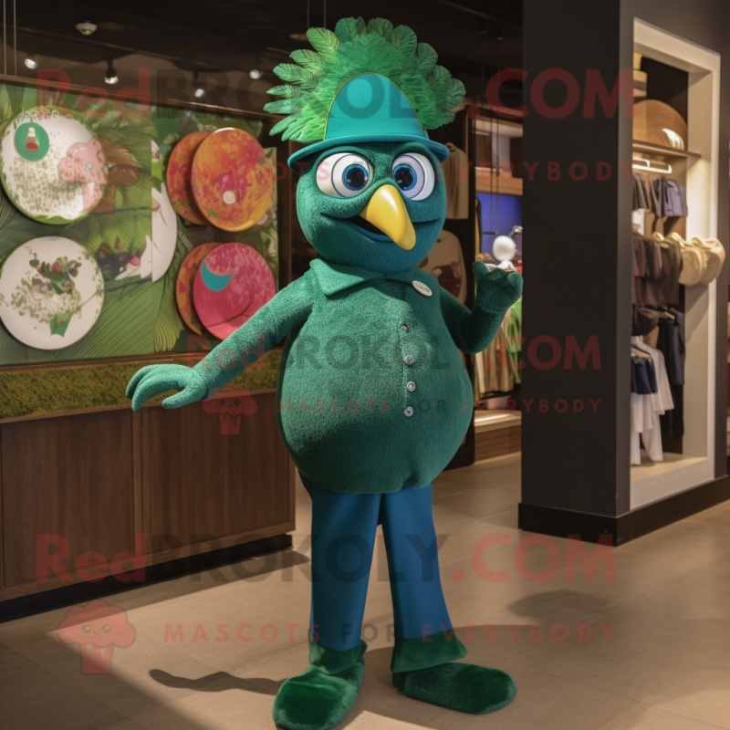 Forest Green Peacock mascot costume character dressed with a Jumpsuit and Hats Forest Green Peacock mascot costume character dressed with a Jumpsuit and Hats