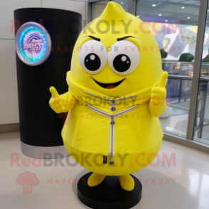 Lemon Yellow Engagement Ring mascot costume character dressed with a Leather Jacket and Scarf clips