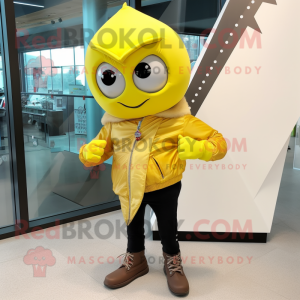 Lemon Yellow Engagement Ring mascot costume character dressed with a Leather Jacket and Scarf clips