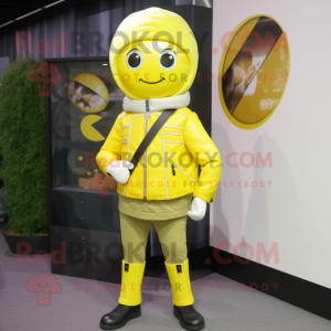 Lemon Yellow Engagement Ring mascot costume character dressed with a Leather Jacket and Scarf clips
