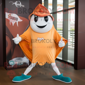 Rust Manta Ray mascot costume character dressed with a Running Shorts and Berets