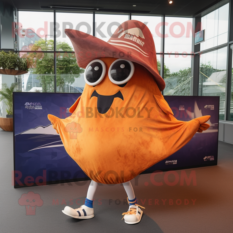 Rust Manta Ray mascot costume character dressed with a Running Shorts and Berets Rust Manta Ray mascot costume character dressed with a Running Shorts and Berets