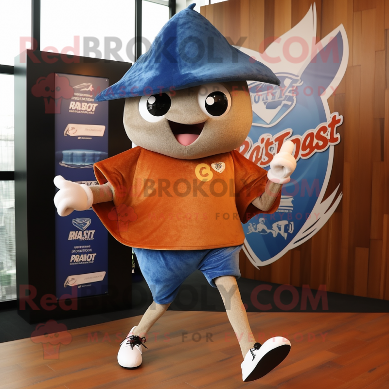 Rust Manta Ray mascot costume character dressed with a Running Shorts and Berets Rust Manta Ray mascot costume character dressed with a Running Shorts and Berets