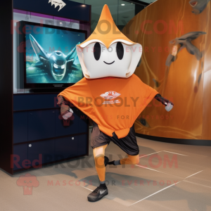 Rust Manta Ray mascot costume character dressed with a Running Shorts and Berets