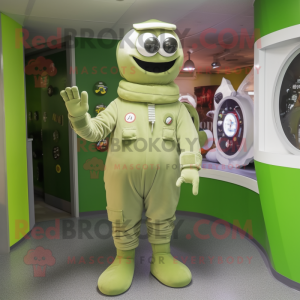 Olive Astronaut mascot costume character dressed with a Playsuit and Shoe laces