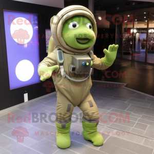 Olive Astronaut mascot costume character dressed with a Playsuit and Shoe laces