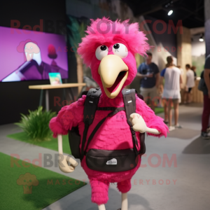 Magenta Ostrich mascot costume character dressed with a Shorts and Backpacks