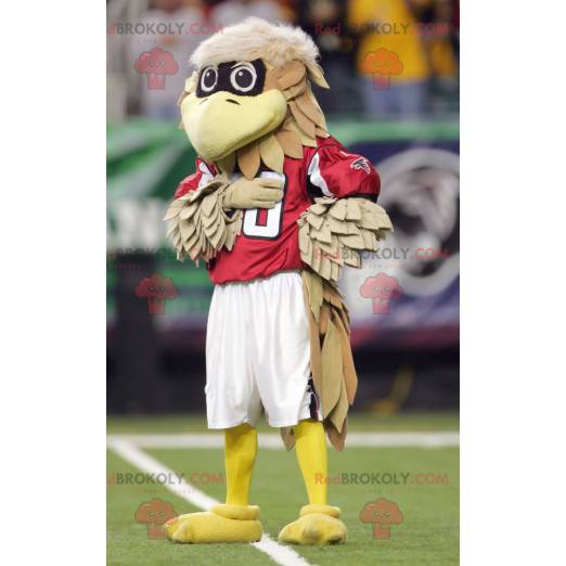 Brown and beige bird mascot in red outfit - Redbrokoly.com