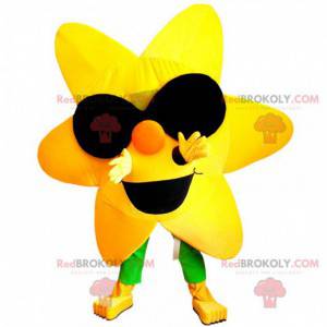 Mascote gigante de flor amarela com óculos de sol -
