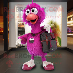 Magenta Ostrich mascot costume character dressed with a Shorts and Backpacks