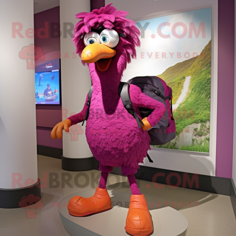Magenta Ostrich mascot costume character dressed with a Shorts and Backpacks Magenta Ostrich mascot costume character dressed with a Shorts and Backpacks