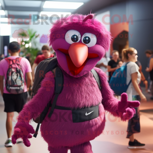 Magenta Ostrich mascot costume character dressed with a Shorts and Backpacks