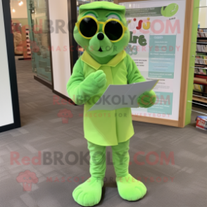 Lime Green Seal mascot costume character dressed with a Jumpsuit and Reading glasses