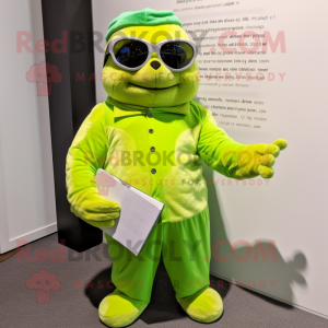 Lime Green Seal mascot costume character dressed with a Jumpsuit and Reading glasses