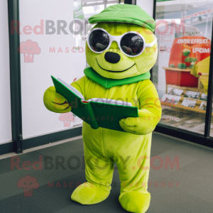 Lime Green Seal mascot costume character dressed with a Jumpsuit and Reading glasses