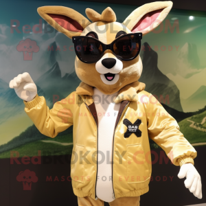 Cream Roe Deer mascot costume character dressed with a Bomber Jacket and Sunglasses