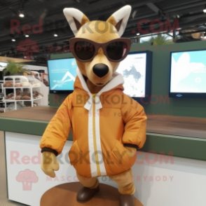 Cream Roe Deer mascot costume character dressed with a Bomber Jacket and Sunglasses