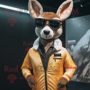 Cream Roe Deer mascot costume character dressed with a Bomber Jacket and Sunglasses