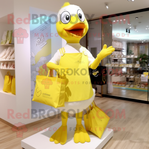 Lemon Yellow Geese mascot costume character dressed with a V-Neck Tee and Tote bags