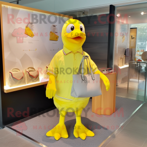 Lemon Yellow Geese mascot costume character dressed with a V-Neck Tee and Tote bags