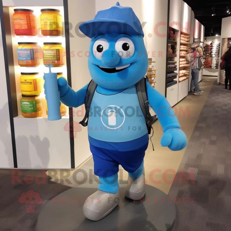 Sky Blue Scented Candle mascot costume character dressed with a Henley Shirt and Backpacks Sky Blue Scented Candle mascot costume character dressed with a Henley Shirt and Backpacks