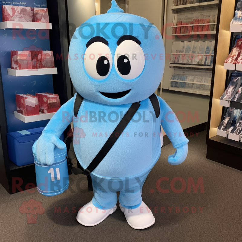 Sky Blue Scented Candle mascot costume character dressed with a Henley Shirt and Backpacks Sky Blue Scented Candle mascot costume character dressed with a Henley Shirt and Backpacks