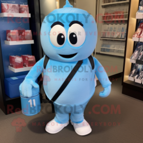 Sky Blue Scented Candle mascot costume character dressed with a Henley Shirt and Backpacks