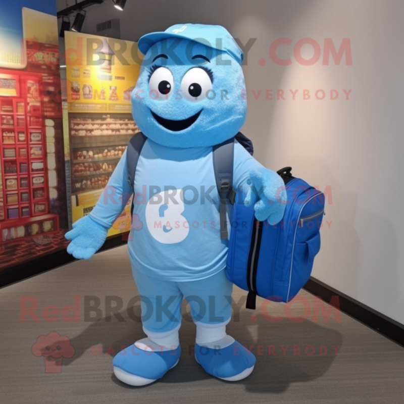 Sky Blue Scented Candle mascot costume character dressed with a Henley Shirt and Backpacks Sky Blue Scented Candle mascot costume character dressed with a Henley Shirt and Backpacks
