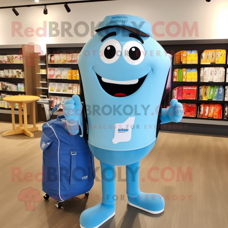Sky Blue Scented Candle mascot costume character dressed with a Henley Shirt and Backpacks Sky Blue Scented Candle mascot costume character dressed with a Henley Shirt and Backpacks