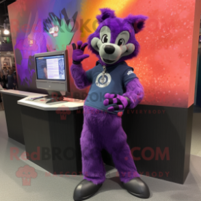 Purple Hyena mascot costume character dressed with a Vest and Bracelet watches