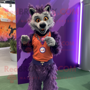 Purple Hyena mascot costume character dressed with a Vest and Bracelet watches