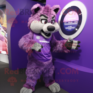Purple Hyena mascot costume character dressed with a Vest and Bracelet watches