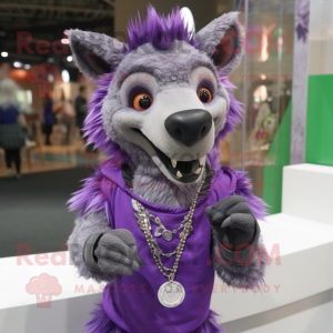 Purple Hyena mascot costume character dressed with a Vest and Bracelet watches