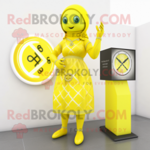 Lemon Yellow Celtic Cross mascot costume character dressed with a Wrap Dress and Smartwatches