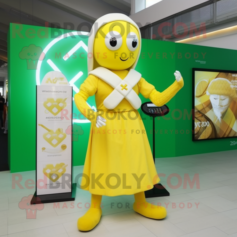 Lemon Yellow Celtic Cross mascot costume character dressed with a Wrap Dress and Smartwatches