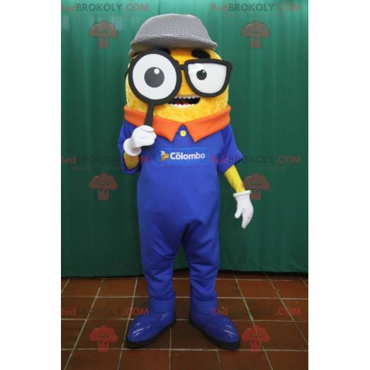 Detective snowman mascot with a magnifying glass and glasses -