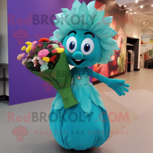 Teal Bouquet Of Flowers mascot costume character dressed with a Evening Gown and Keychains