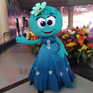 Teal Bouquet Of Flowers mascot costume character dressed with a Evening Gown and Keychains