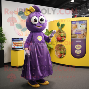 Purple Lemon mascot costume character dressed with a Maxi Dress and Coin purses